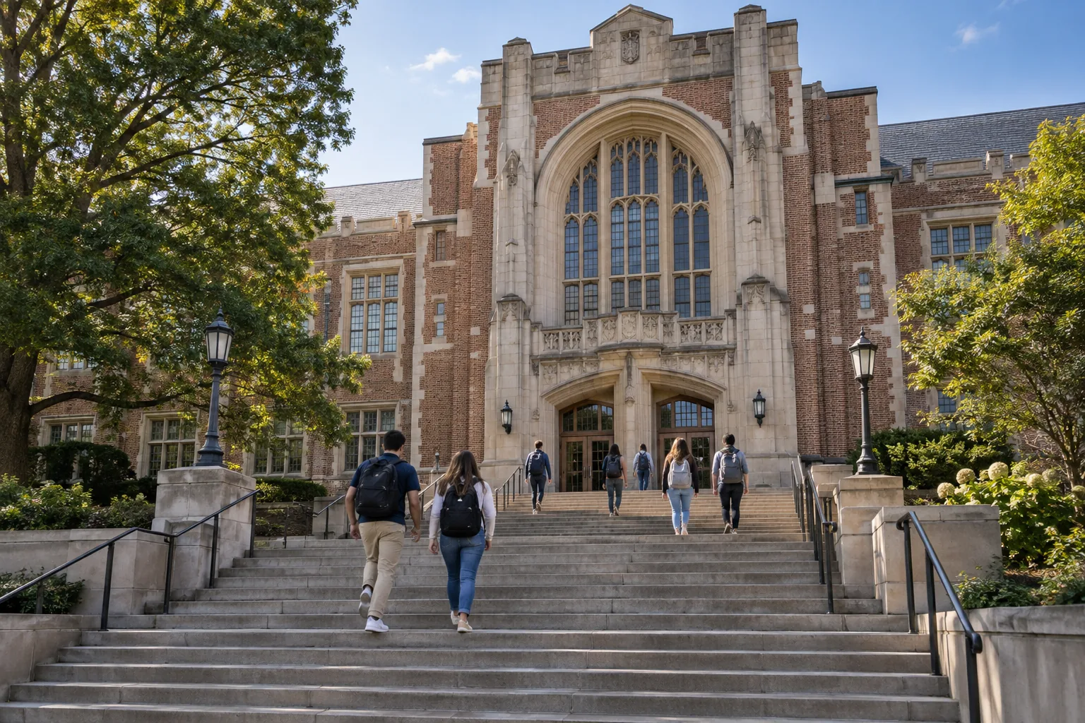 Students walking up broad stairs toward a distinctive university academic building