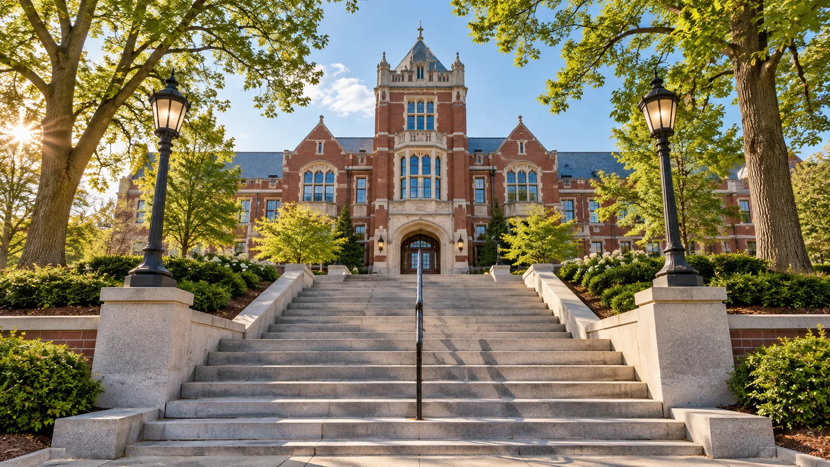 A broad stone staircase leading to a university administration building