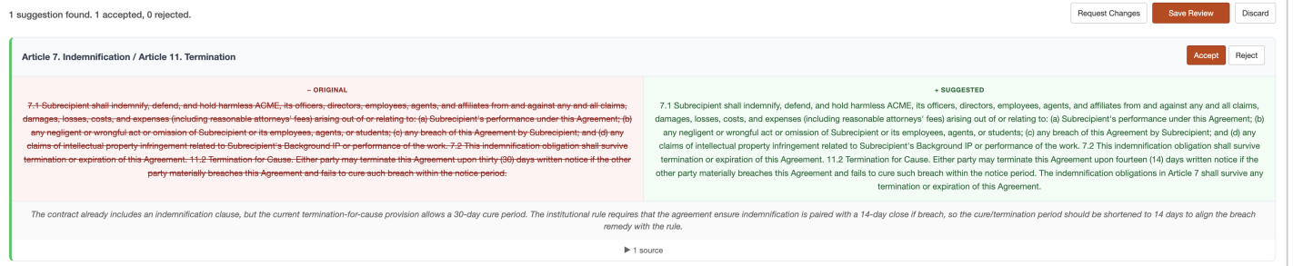 AI Contract Review showing original indemnification language struck through beside suggested mutual language, with reasoning and a cited source