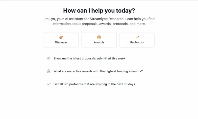 Lyn's opening screen in Streamlyne Research: How can I help you today, with Discover, Awards and Protocols shortcuts and three example questions