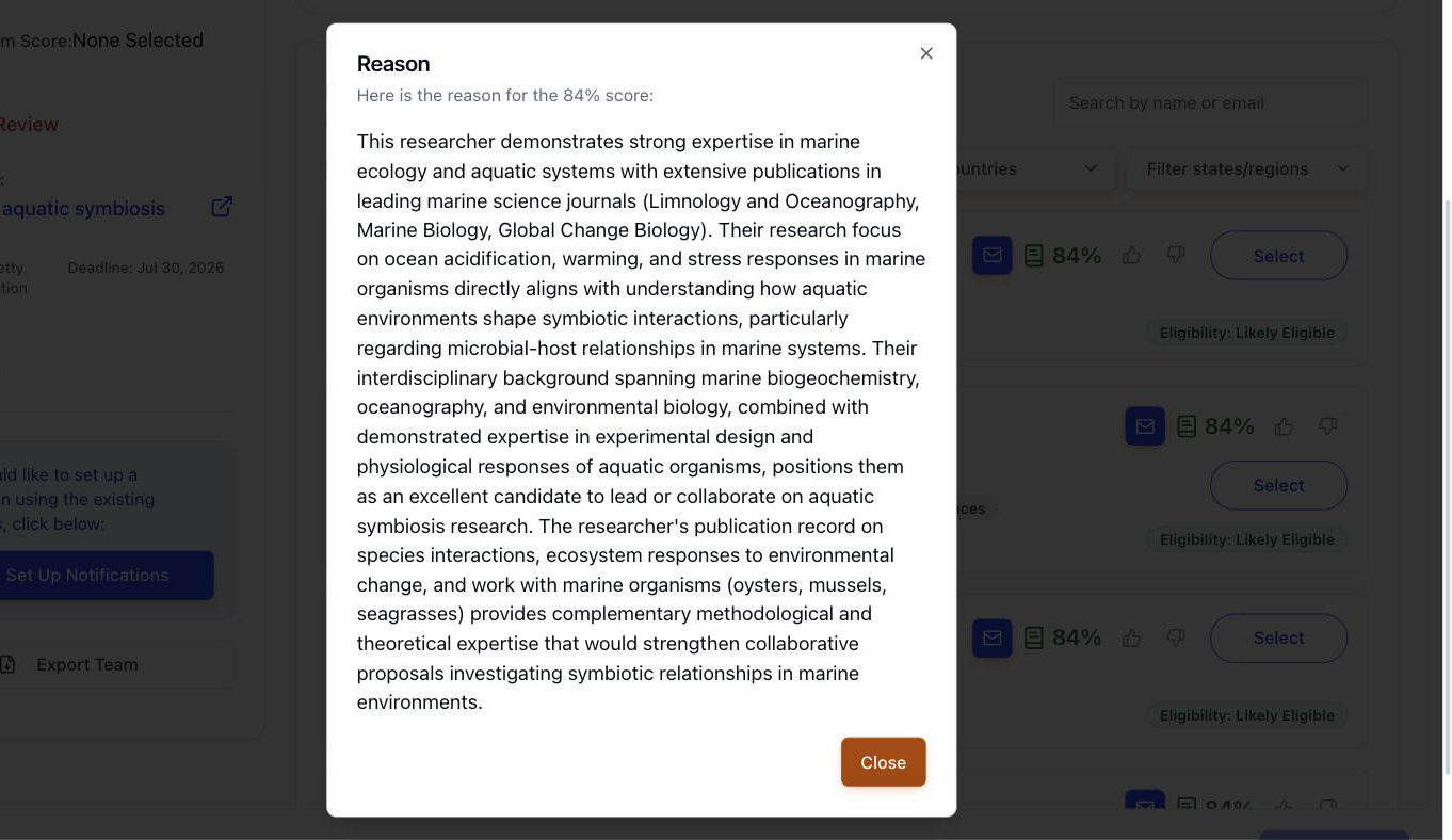 The AI insights dialog explaining which parts of a researcher's profile produced the match score