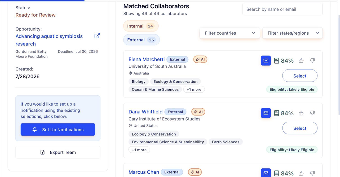 FundFit ranked matches — clicking AI insights opens the written explanation behind the 84% score