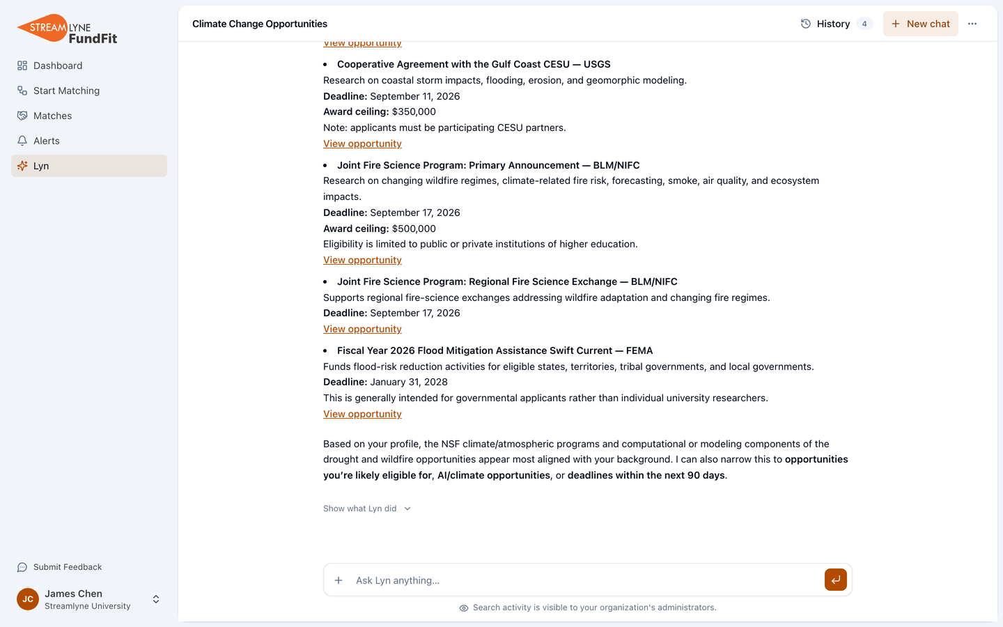 Lyn in FundFit listing climate research opportunities with deadlines, award ceilings and eligibility notes, each linked to the opportunity