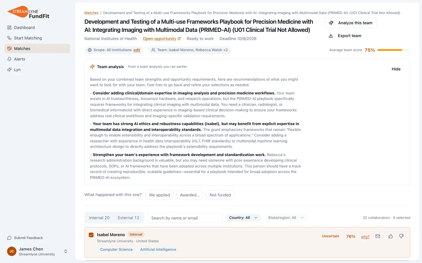A match workspace with its team analysis