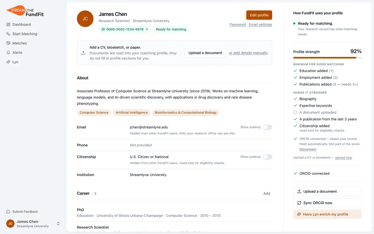 A researcher profile with ORCID connected