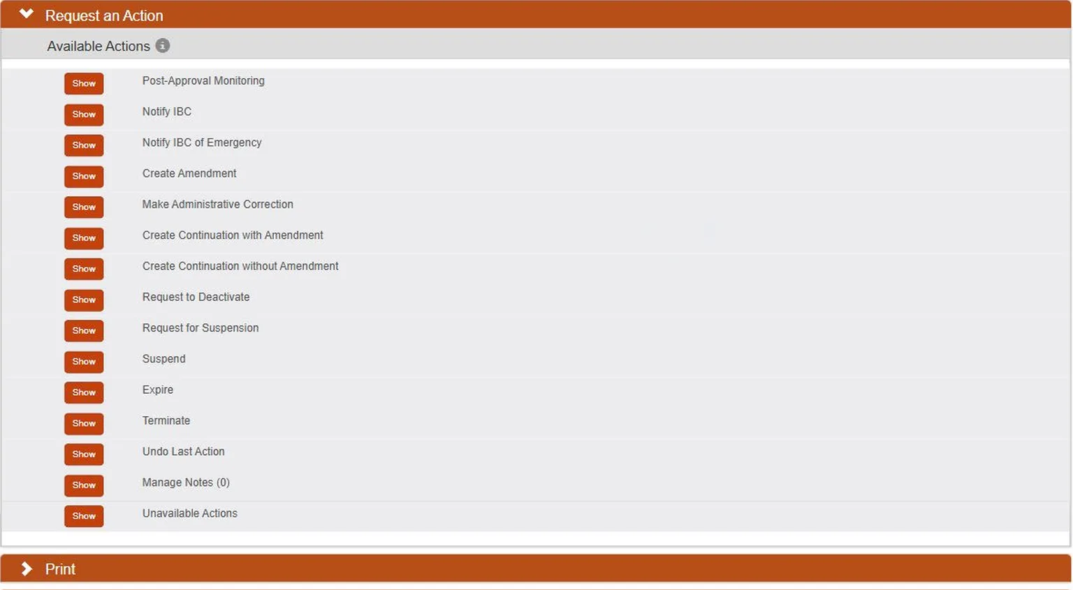 Available continuation actions