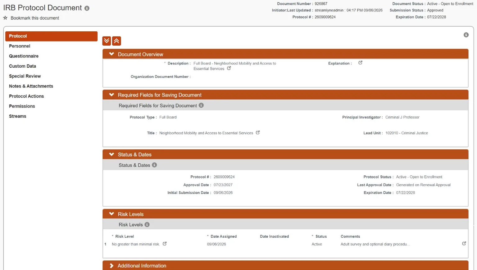 IRB protocol record