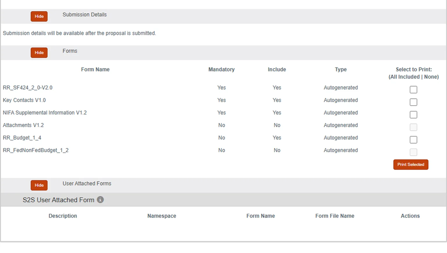 Sponsor forms and print selection